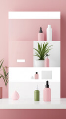 Sticker - Pink and Green Beauty Products on White Shelf with Plant.