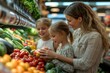 © Lumina Frame - Happy family buying groceries in supermarket, Generative AI