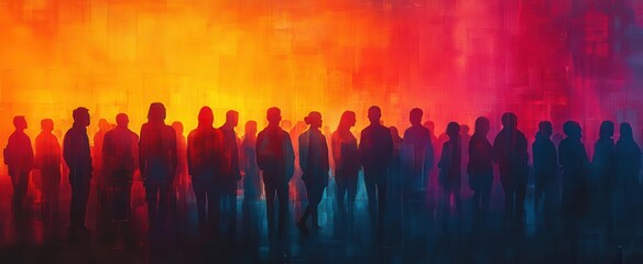 diverse silhouette crowd overlapping figures gradient color background unity in diversity concept vector graphic style