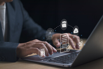 document management system dms software concept, managing file data on a large database, businessman