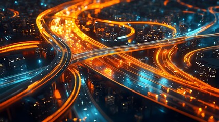 Aerial top view of smart modern transportation with Expressway, Road and Roundabout, busy highway traffic night time. Communication network and traffic light on highway .Concept of smart city network,