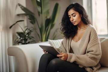 Wall Mural - Attractive young british indian sitting computer adult.