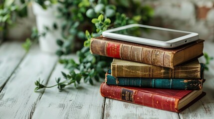 Wall Mural - E-reader near stack of paper books, potted plant and vision glasses on a white wooden table. Copy space on e-book display.