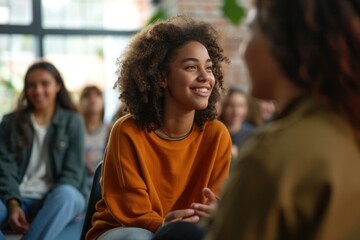 girl seated on chair with other teens adult togetherness conversation.