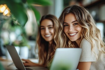 Young happy businesswomen cooperating while working on laptop in office, Generative AI