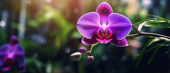 Wall Mural - Vibrant purple orchid blooming amidst lush greenery.