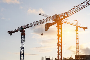 Poster - Cranes are actively lifting materials at a construction site as the sun sets, highlighting the ongoing development of the area