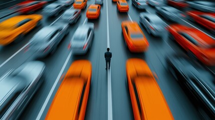 Canvas Print - A man standing in the middle of a busy street full of cars, AI