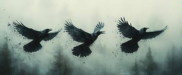 dramatic raven silhouettes with outstretched wings intricate feather details contrast against a misty background capturing the birds mythic presence and graceful power