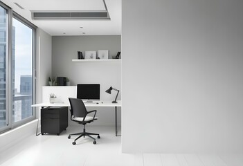 Wall Mural - A modern office space with a desk, chair, and computer monitor visible through a glass partition. The background is blurred, suggesting a minimalist and clean design