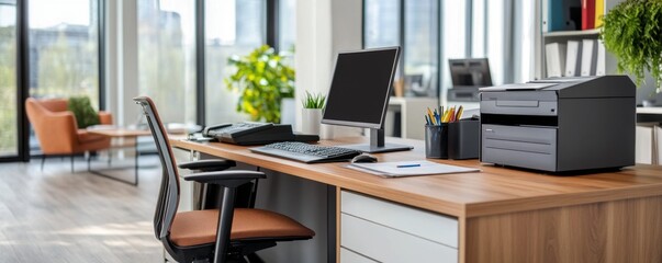 Modern Office Workspace with Equipment and Natural Light