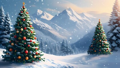 Enchanting winter scene featuring decorated Christmas trees amidst snow-covered mountains and a serene snowfall, capturing the essence of joy and celebration