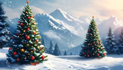 Enchanting winter scene featuring decorated Christmas trees amidst snow-covered mountains and a serene snowfall, capturing the essence of joy and celebration