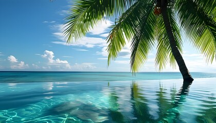 Tranquil tropical paradise featuring a crystal clear infinity pool, swaying palm trees, and breathtaking ocean views for ultimate relaxation and escape.