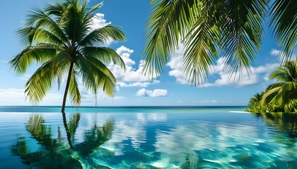 Tranquil tropical paradise featuring a crystal clear infinity pool, swaying palm trees, and breathtaking ocean views for ultimate relaxation and escape.