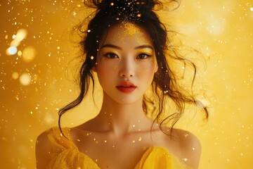 Wall Mural - An Asian woman with creative yellow glitter makeup and hair stands in front of the camera.