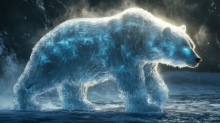 Wall Mural - A majestic polar bear made of ice and light, standing on a snowy plain.