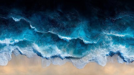 Wall Mural - An aerial view of crashing waves meeting a sandy shore, a picturesque scene of nature's power and beauty.