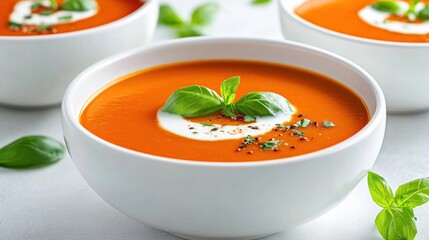 Wall Mural - Fresh Tomato Soup with Basil and Cream Garnish