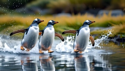 Wall Mural - Playful penguins splashing through the water