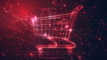 Shopping cart for groceries from futuristic polygonal red lines and glowing stars for banner, poster, greeting card. Generated AI