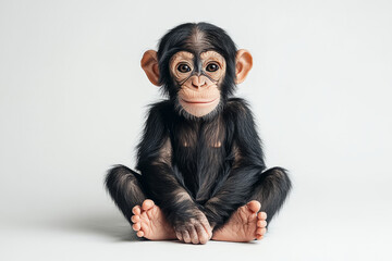 A photo of a young chimpanzee. The monkey is sitting on the floor and looking at the camera on an isolated white background..