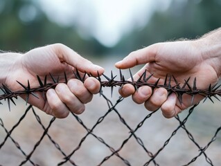 Two hands reach through a barbed wire fence, symbolizing connection and struggle amidst barriers in a serene natural setting.