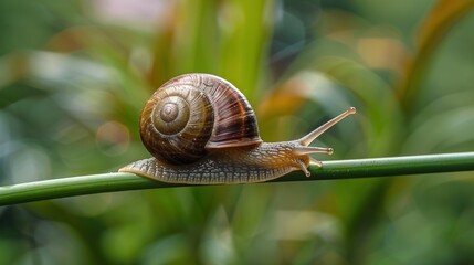 Snail Moving Slowly on Green Plant Stem, Nature Close-Up. AI generated