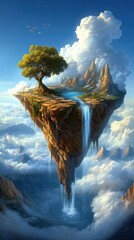 Surreal landscape of floating mountains with waterfalls cascading into clouds, ethereal dreamlike art