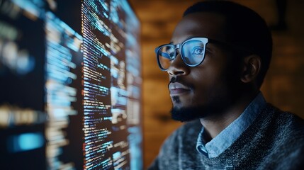 Man in Glasses Observing Code on a Computer Screen