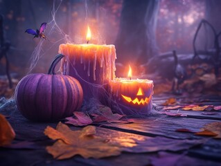 Eerie Candles Glow Warmly in a Haunted Forest Setting, Casting a Cozy Atmosphere for Halloween The flickering flames illuminate a purple pumpkin, a spiderweb, and a carved jack-o-lantern candle