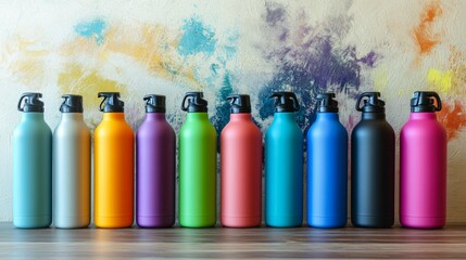 A collection of colorful reusable water bottles lined up on a wooden table, showcasing sustainable choices for hydration and eco-friendly living.