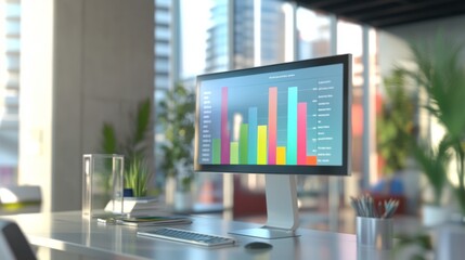 Leinwandbilder - A colorful 3D bar chart displayed on a computer screen in a modern office, with a business professional analyzing sales performance data.