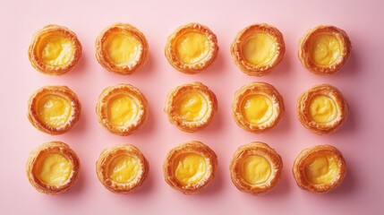 Wall Mural - A grid of golden pastry cups filled with creamy custard, set against a pink background.