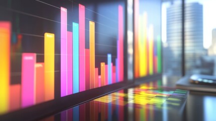 Leinwandbilder - A colorful 3D bar chart displayed on a computer screen in a modern office, with a business professional analyzing sales performance data.