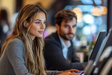 Two receptionists cooperating while working on computer at hotel front desk, Generative AI