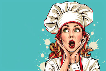 Surprised woman chef on color background, comic style illustration.