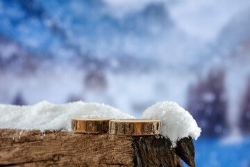 Poster - Christmas and snow covered landscape background with winter decorations and copy space for text and products. Snowy winter time.