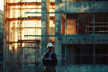 Wall Mural - Worker standing in front of the construction building hardhat helmet adult.