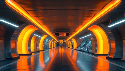 Futuristic underground subway station featuring vibrant orange lights and sleek modern architectural design