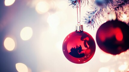 Wall Mural - Red Christmas Ornament on Tree with Soft Lights