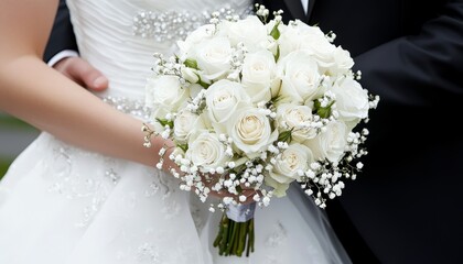 A classic wedding color scheme of black and white with pops of silver, featuring sleek black tuxedos, white roses, and shimmering silver accents.