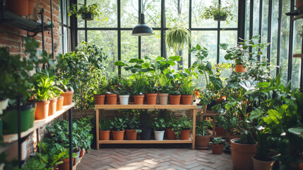 Sticker - A vibrant greenhouse filled with various plants in pots, showcasing lush greenery and natural light. atmosphere is serene and refreshing, perfect for plant lovers