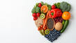 © VERTEX SPACE - Fresh fruits and vegetables arranged in heart shape symbolize health and wellness. This vibrant display includes strawberries, oranges, broccoli, and more, promoting nutritious lifestyle