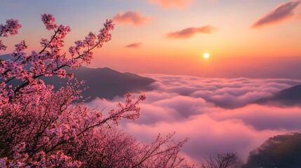 Wall Mural - A scenic sunrise over a sea of clouds, with a foreground of pink cherry blossom trees.