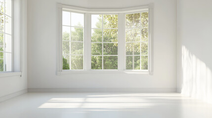 Bright and airy interior featuring large bay window with lush greenery outside. minimalist design enhances natural light, creating serene atmosphere