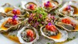 © Plaifah - A creative plating of oysters with colorful garnishes and sauces, showcasing culinary artistry and the versatility of this beloved seafood.