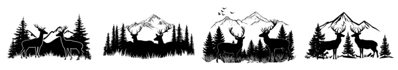 Double exposure wooden deer for your design. Vintage forest landscape in black and white with silhouettes of trees and wild animals.