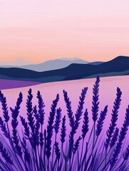 Wall Mural - Lavender Field at Sunrise: Serene Landscape Illustration