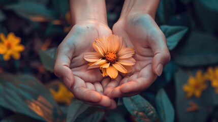 A person is holding a white flower in their hands